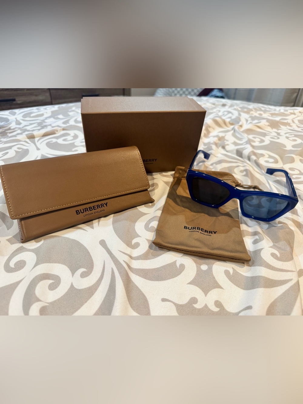 Burberry Electric Blue Sunglasses with Tan Accessories